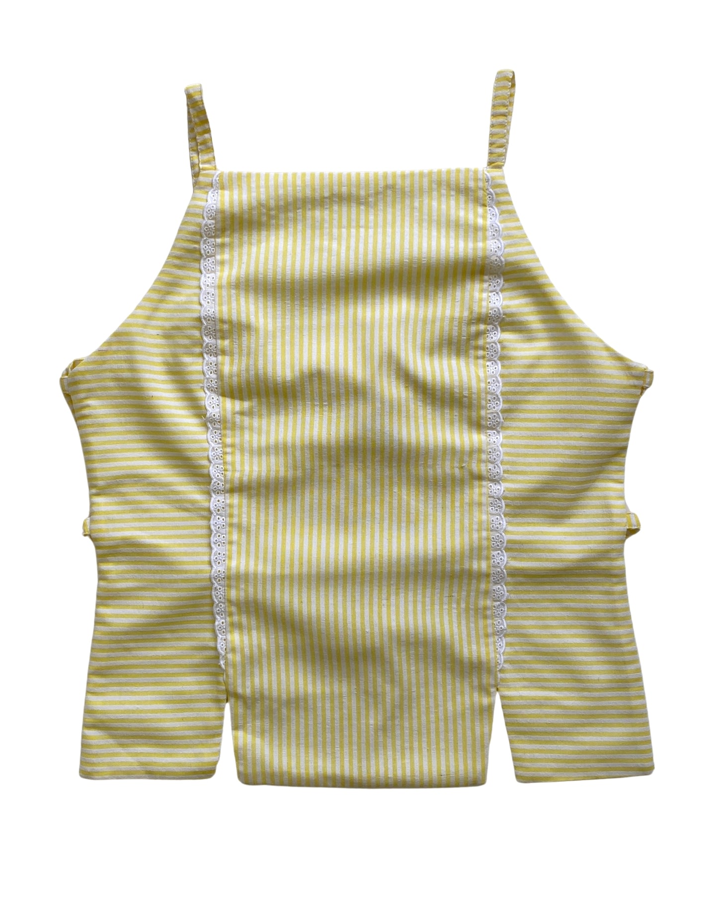 Yellow and white striped tank top with thin straps on a white background