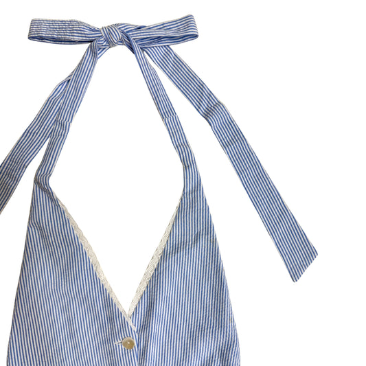 Blue and white striped halter jumpsuit with tie straps on a white background