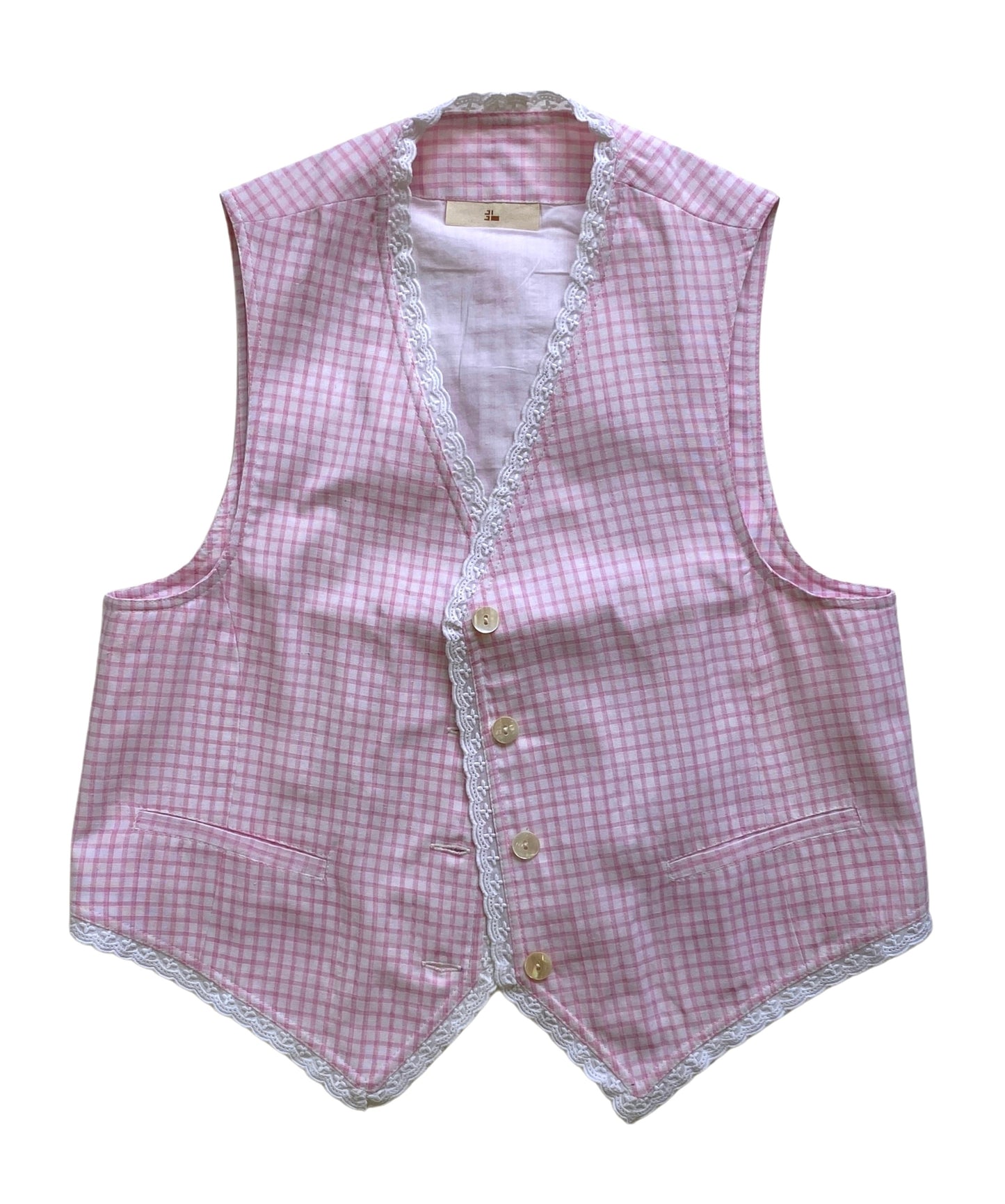 Pink checkered vest with lace trim on a white background