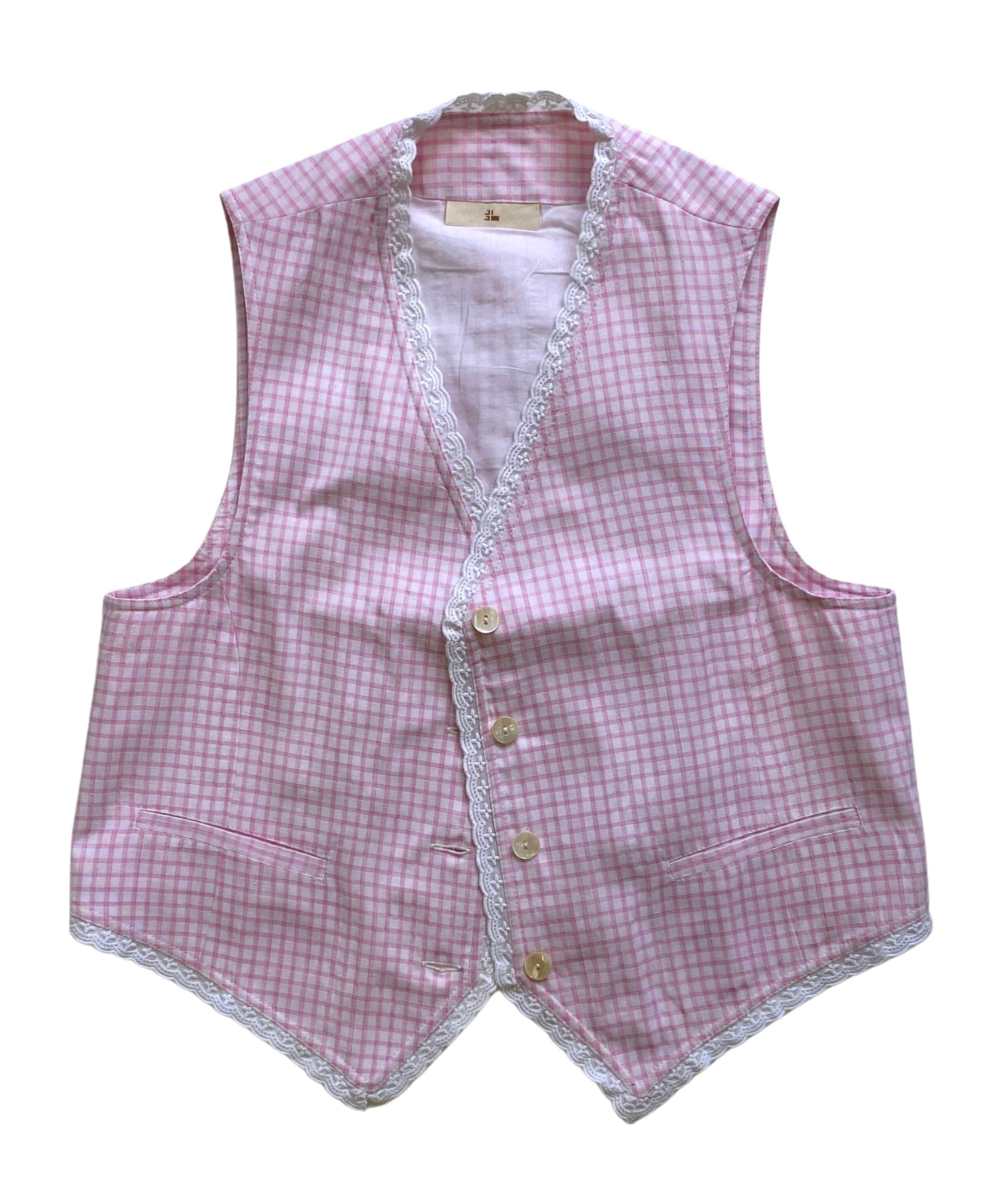 Pink checkered vest with lace trim on a white background
