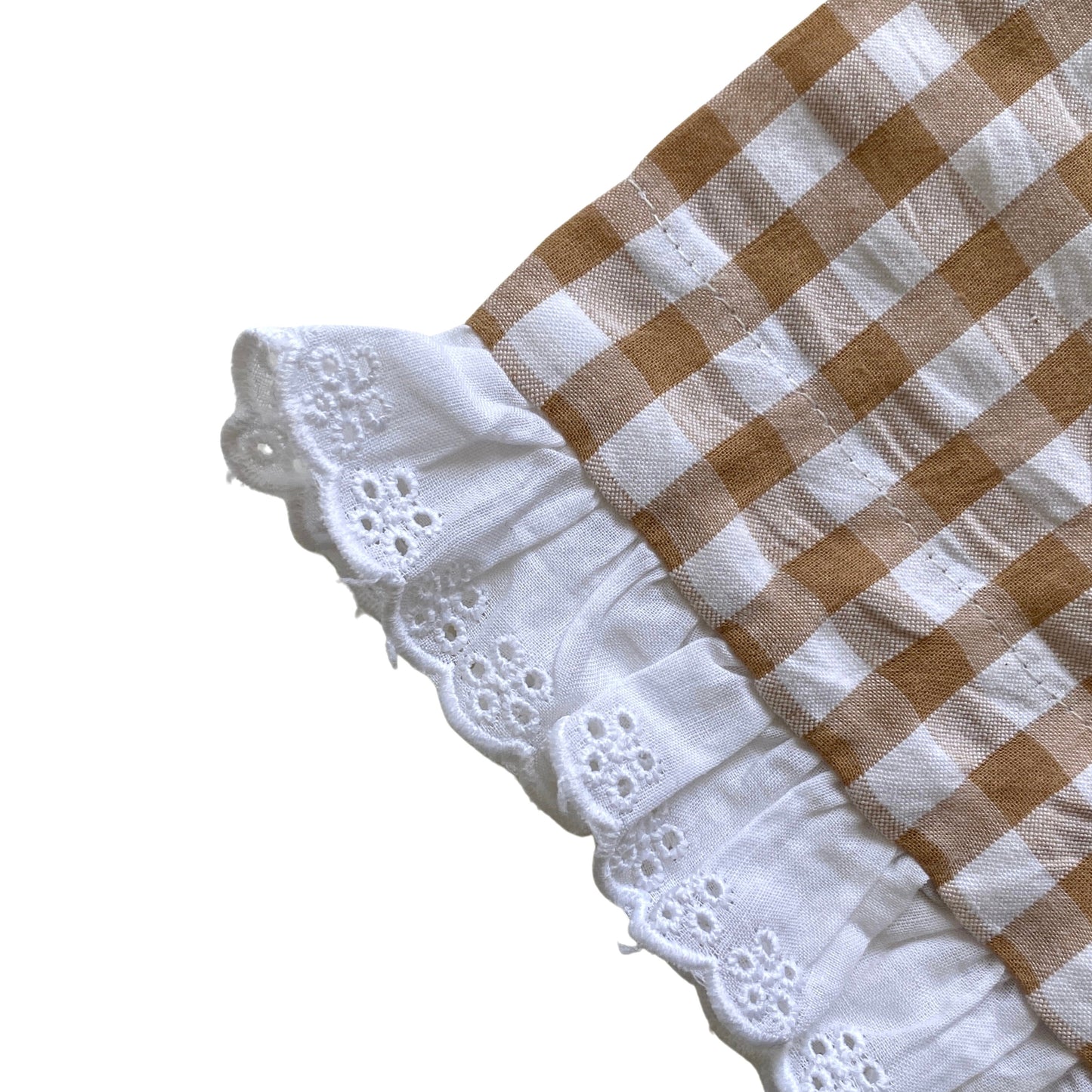 Checkered fabric with white lace trim on a white background