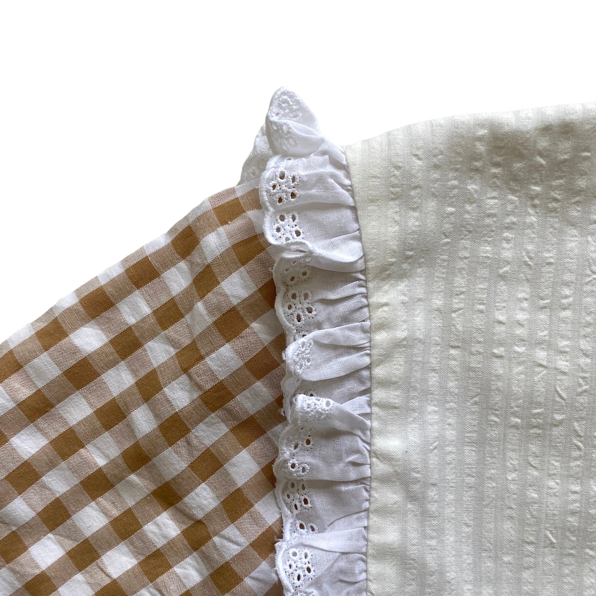 Textile with checkered pattern, white lace trim, and textured fabric on a white background