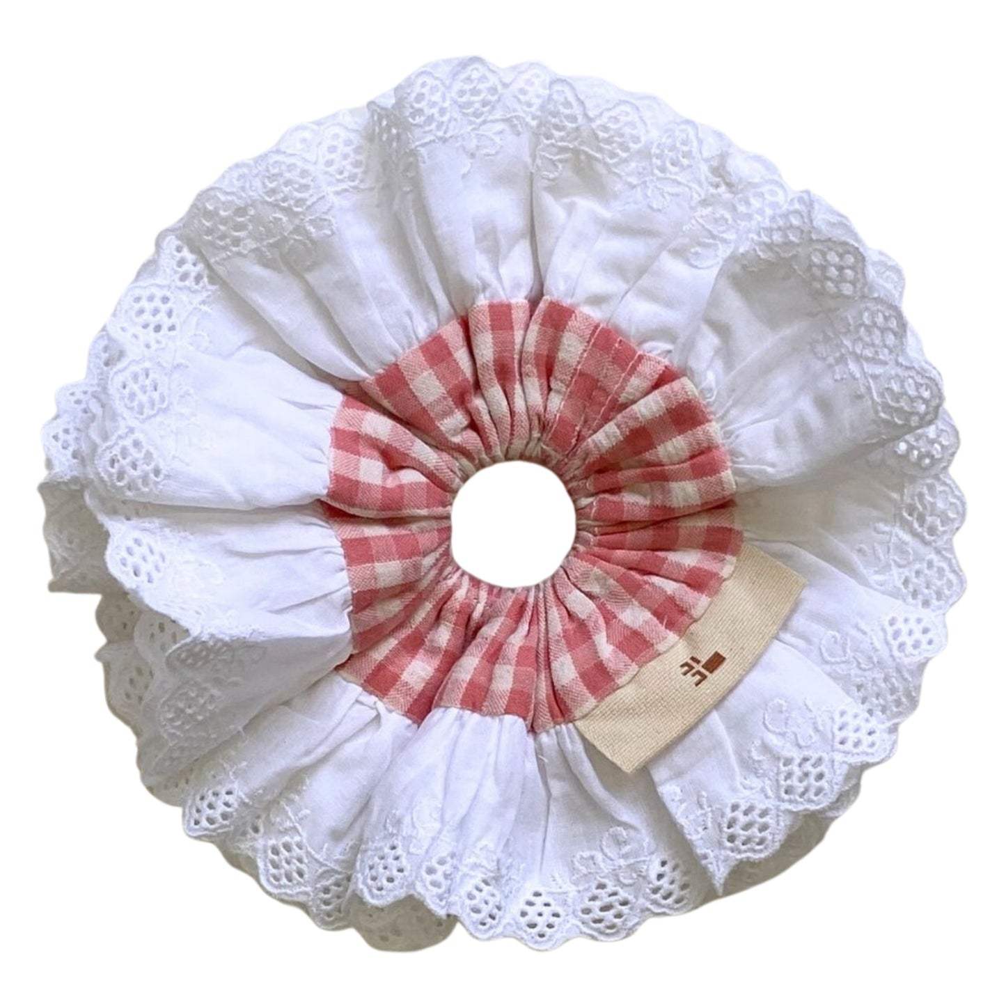 Pink gingham scrunchie with lace. Large Scrunchie.