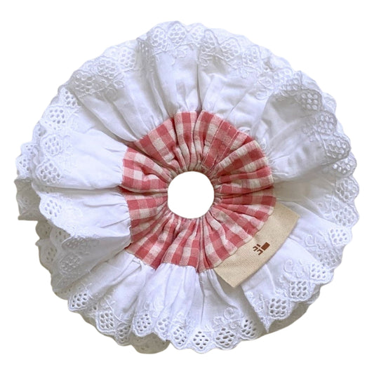 Pink gingham scrunchie with lace. Large Scrunchie.