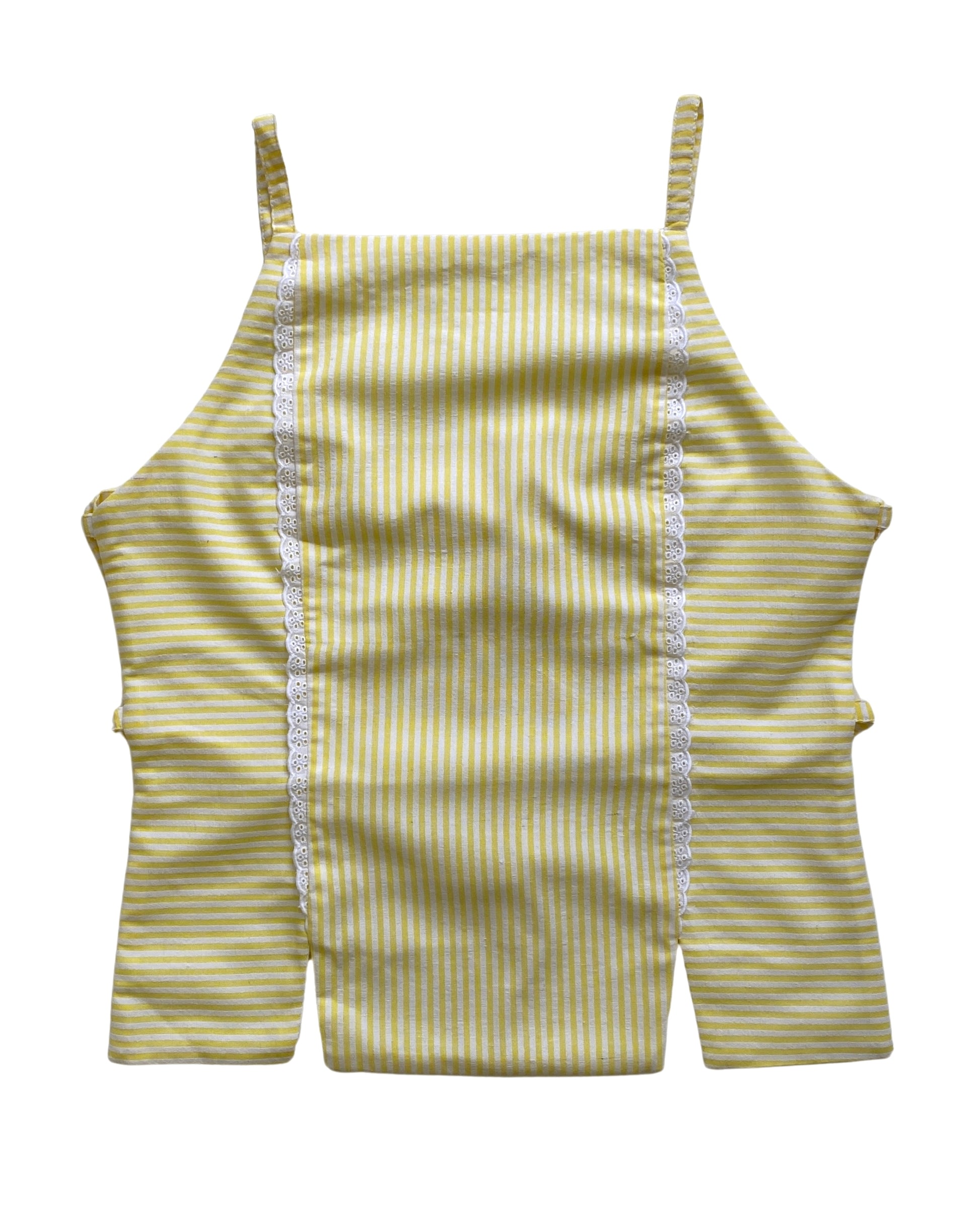 Yellow and white striped tank top with thin straps on a white background