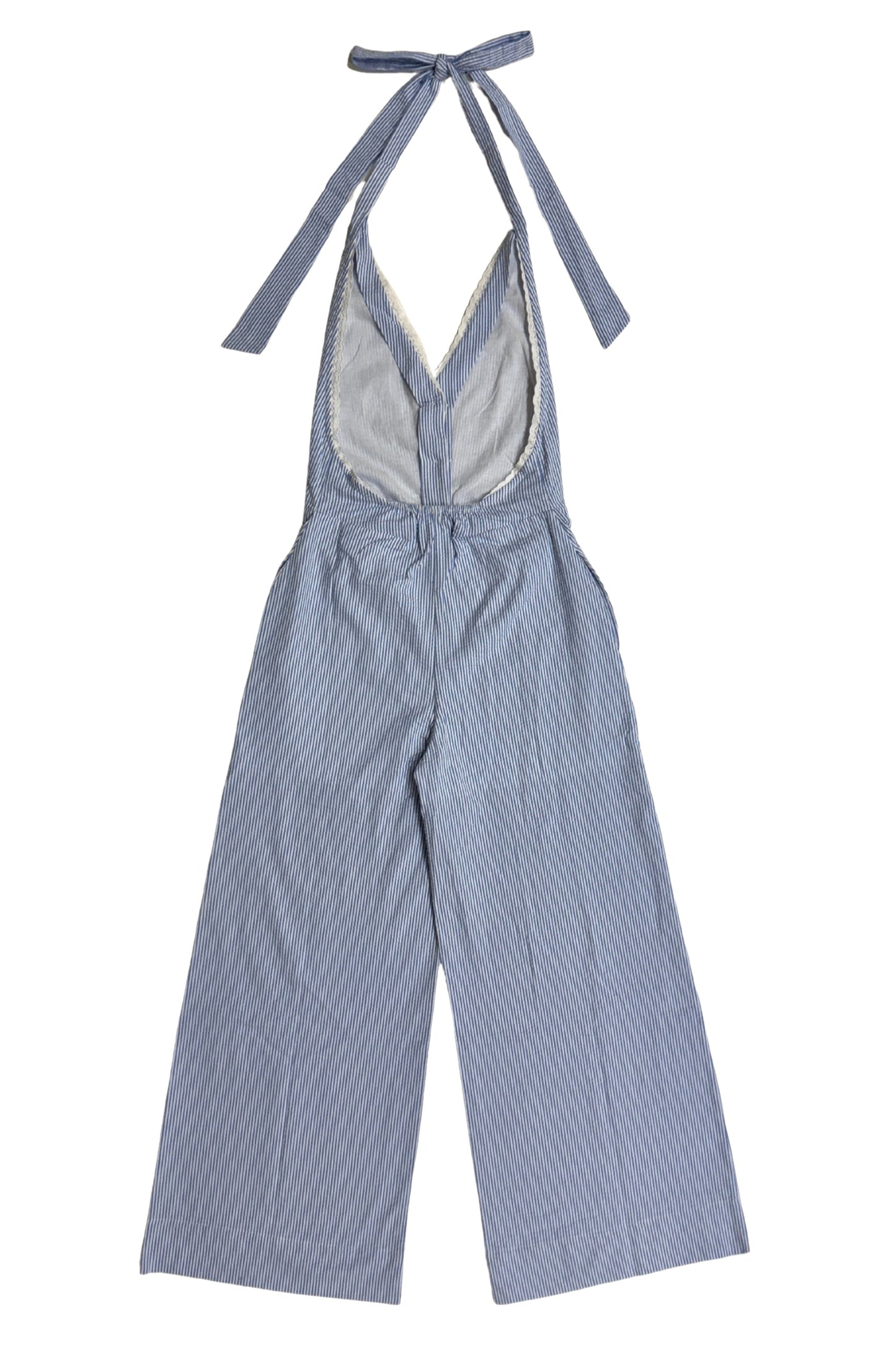 Blue striped halter jumpsuit with tie straps on a white background
