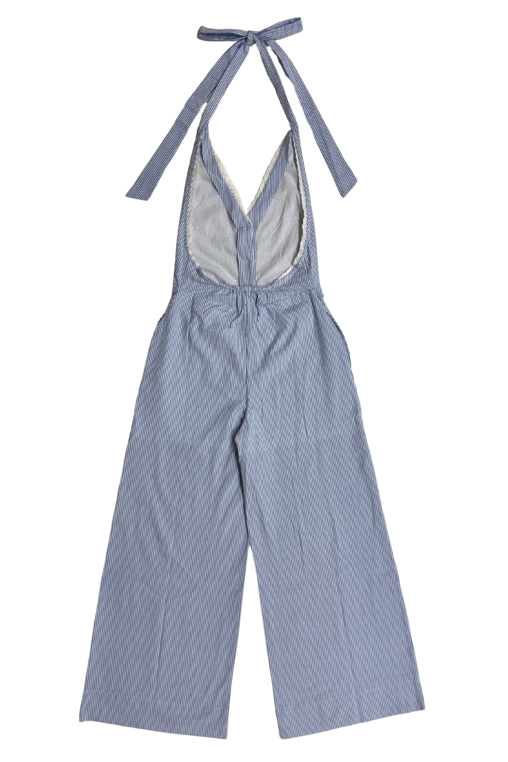 Blue striped halter jumpsuit with tie straps on a white background