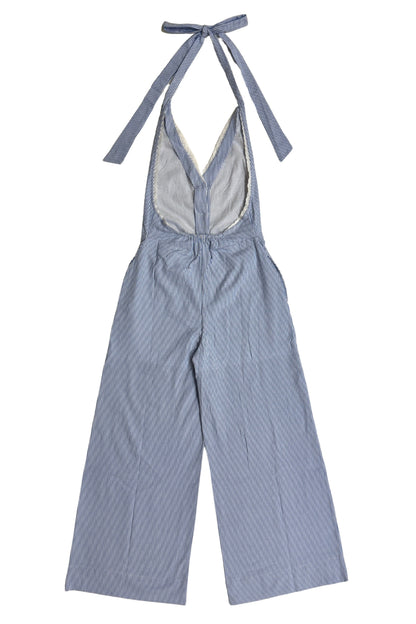 Blue striped halter jumpsuit with tie straps on a white background
