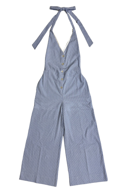 Blue striped jumpsuit with button details on a white background