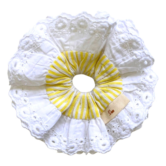 Large scrunchie in  yellow seersucker fabric with lace