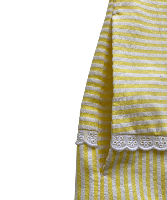 Yellow and white striped skirt with lace trim and side pockets